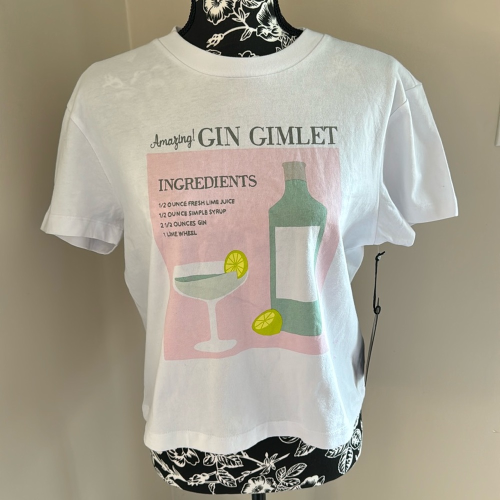 Wildfox White Gin Gimlet Graphic Tee with Pastel Pink & Green Print